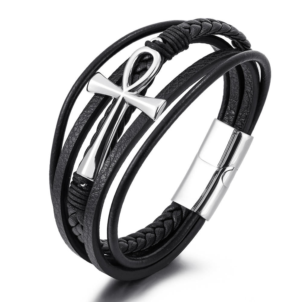 Egyptian Ankh Cross Multi-Layer Leather Bracelet – Silver, Gold & Black