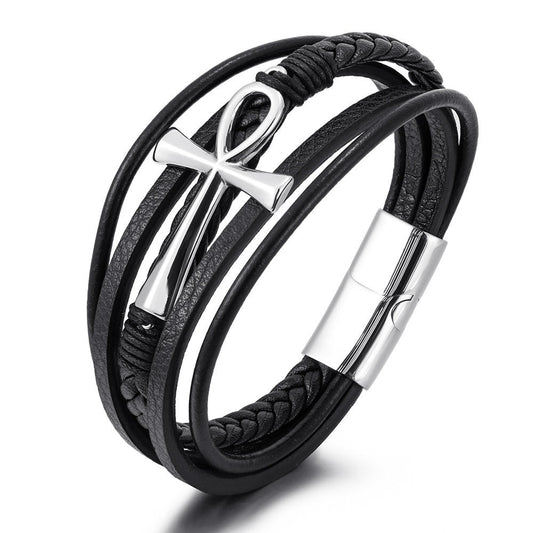 Egyptian Ankh Cross Multi-Layer Leather Bracelet – Silver, Gold & Black