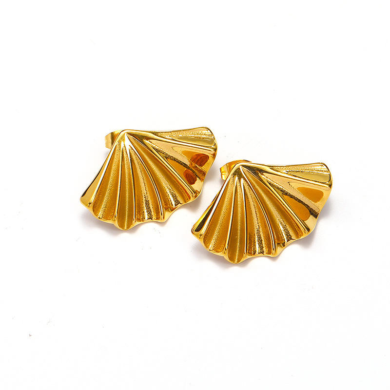 Gold Pleated Fan Shell Statement Earrings