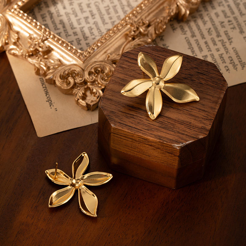 Gold Four-Petal Plumeria Stud Earrings