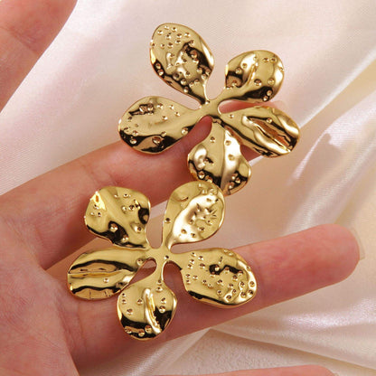 Gold Hammered Open Flower Statement Earrings