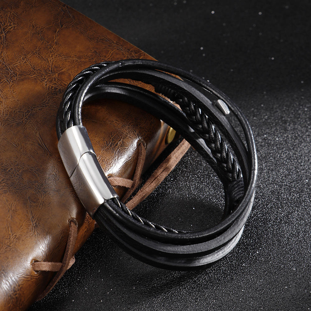 Egyptian Ankh Cross Multi-Layer Leather Bracelet – Silver, Gold & Black