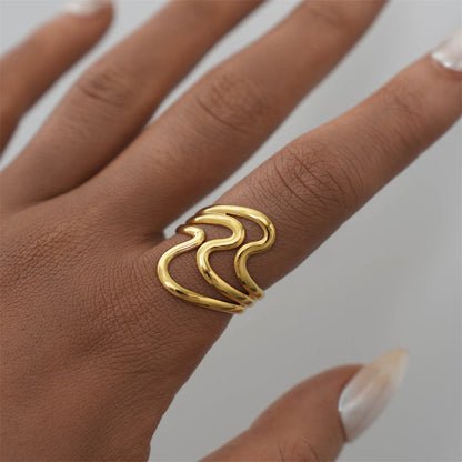 Gold Abstract Wave Layered Open Ring