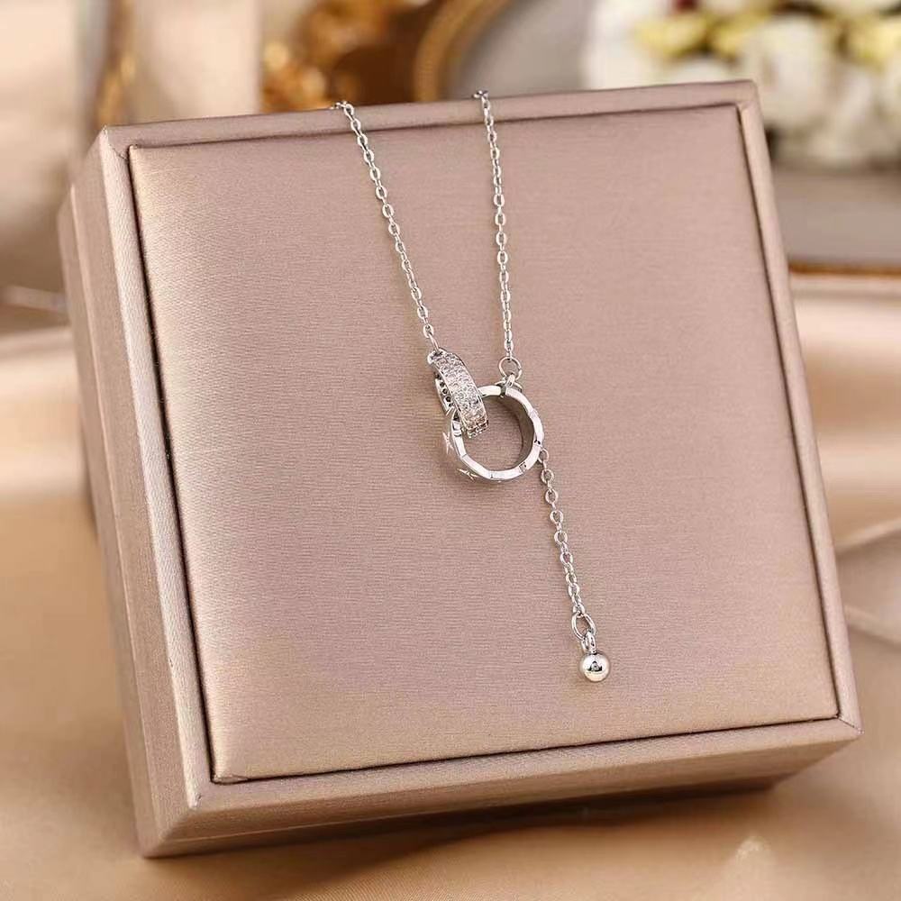 Gold Double Ring Diamond Lariat Necklace – Women's Luxury Pendant