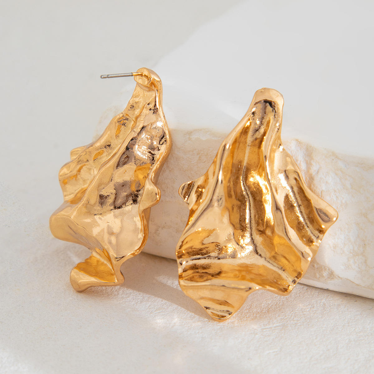 Gold Molten Crumple Statement Earrings