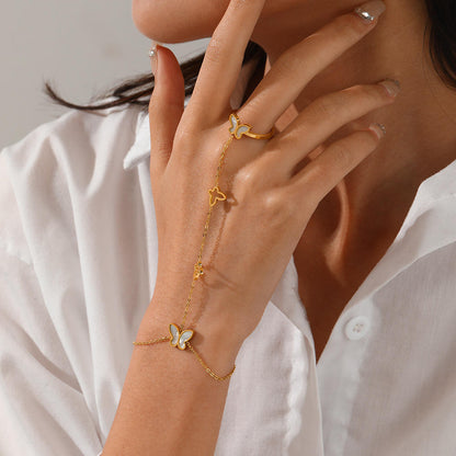 Gold Butterfly Hand Chain Bracelet & Ring Set - 20cm