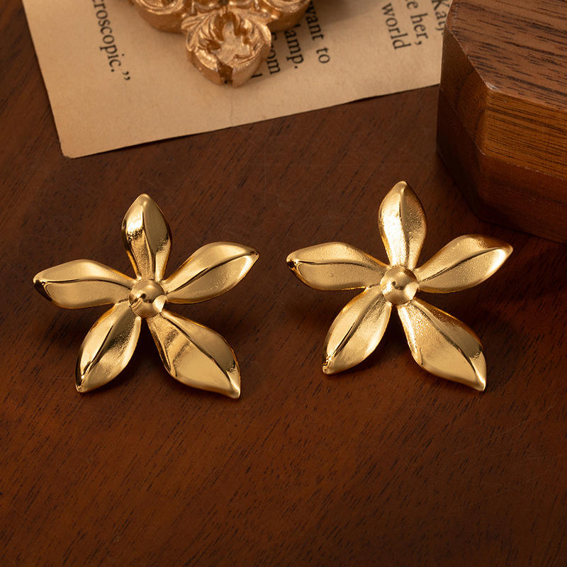 Gold Four-Petal Plumeria Stud Earrings