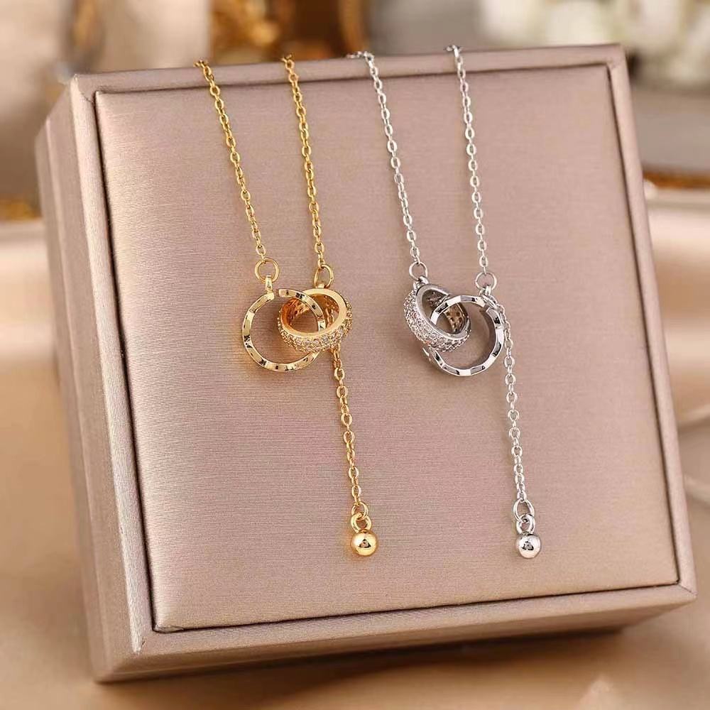Gold Double Ring Diamond Lariat Necklace – Women's Luxury Pendant
