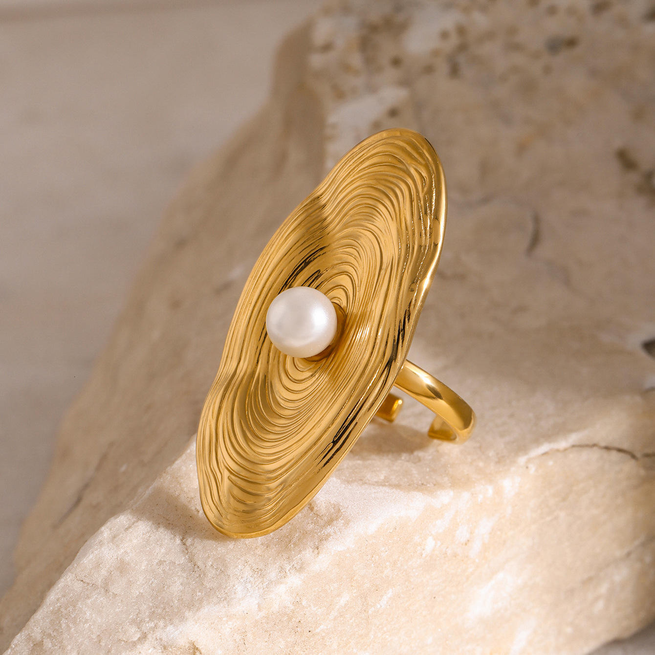 Gold Textured Disc Pearl Center Ring