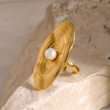 Gold Textured Disc Pearl Center Ring