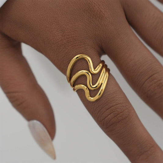 Gold Abstract Wave Layered Open Ring