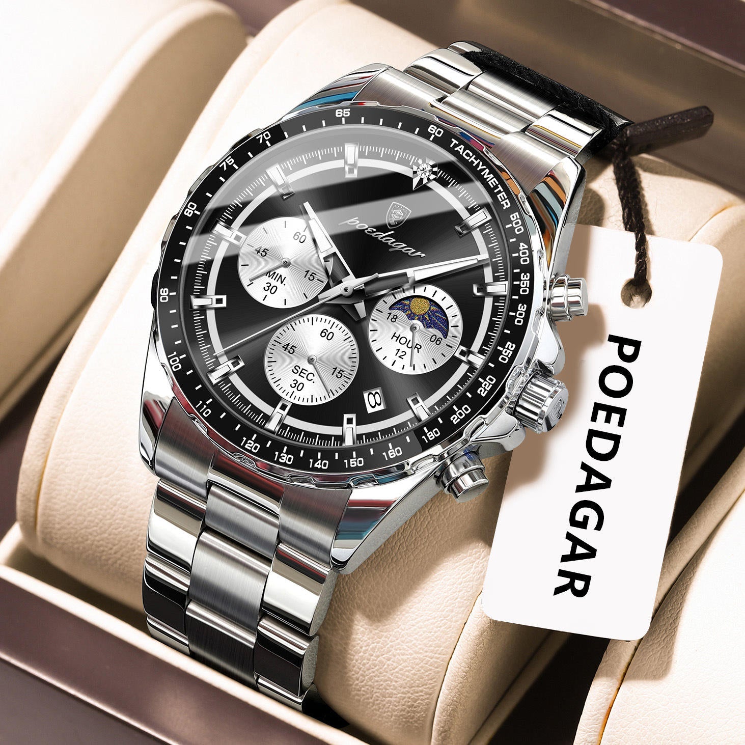 POEDAGAR Moon Phase Chronograph Watch