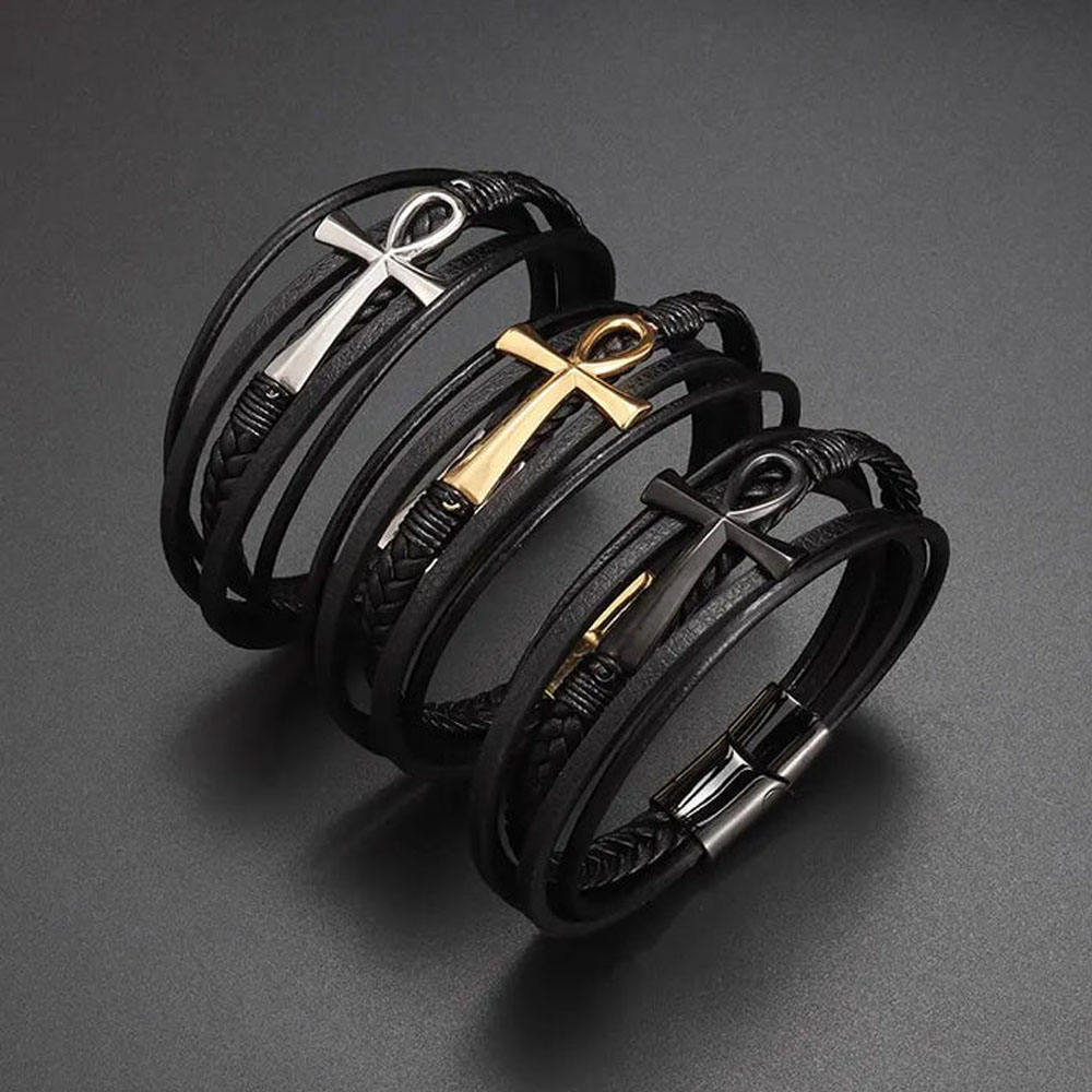 Egyptian Ankh Cross Multi-Layer Leather Bracelet – Silver, Gold & Black