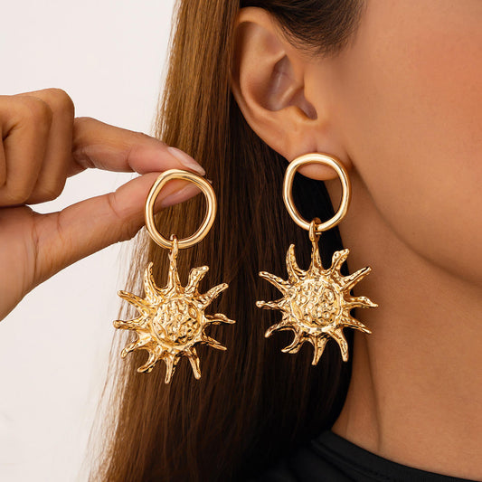 Gold Molten Sun Hoop Drop Earrings