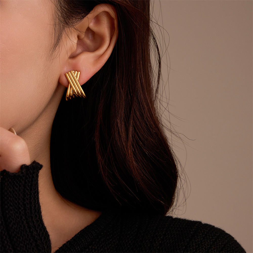 Gold Crossover Ribbed Hoop Earrings