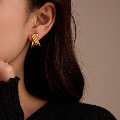 Gold Crossover Ribbed Hoop Earrings