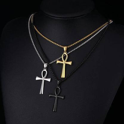 Egyptian Ankh Cross Necklace – Silver, Gold & Black with Box Chain