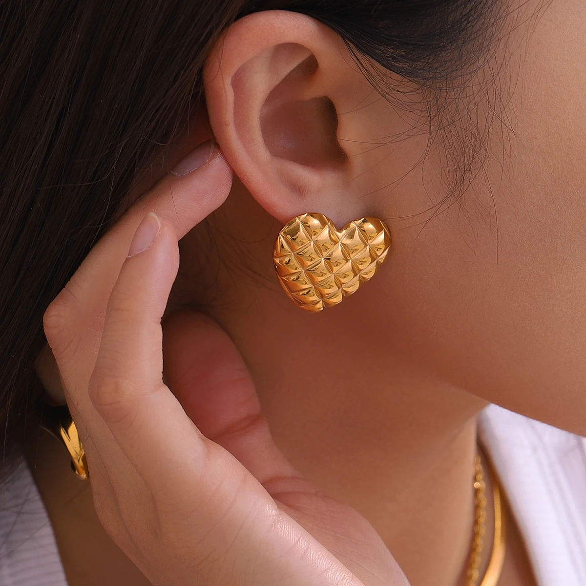 Gold Quilted Heart Stud Earrings