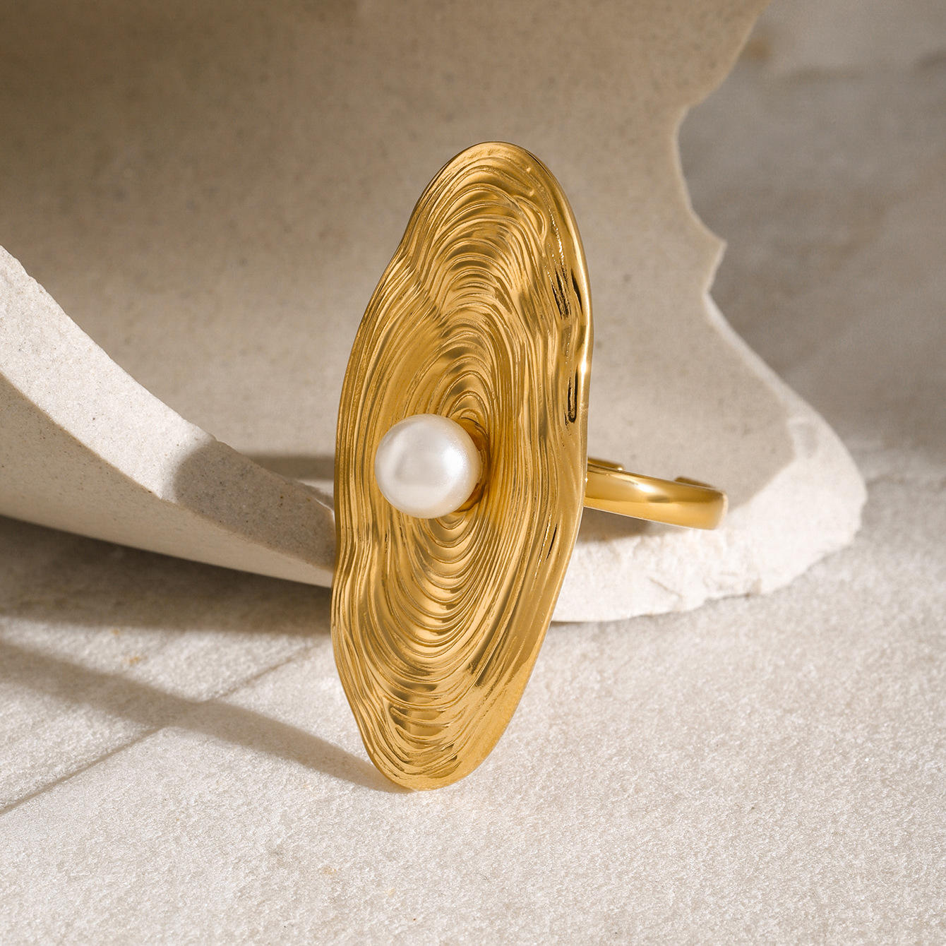 Gold Textured Disc Pearl Center Ring