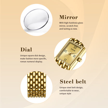 LIGE Royal Gold Rectangle Watch – Women's Luxury Bracelet Timepiece