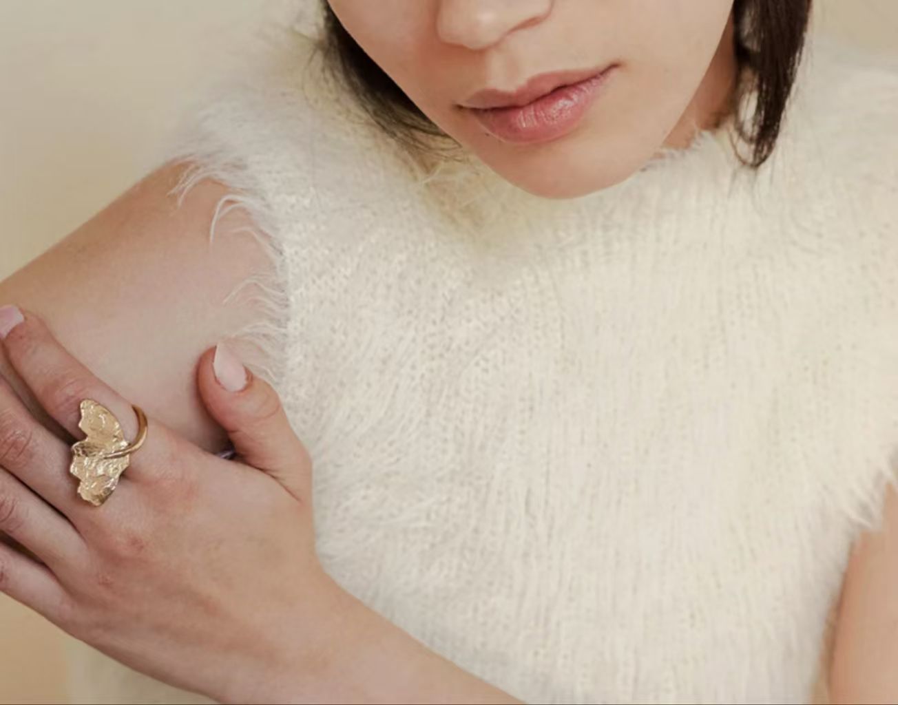 Gold Hammered Ginkgo Leaf Statement Ring