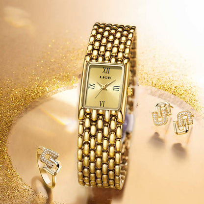 LIGE Royal Gold Rectangle Watch – Women's Luxury Bracelet Timepiece