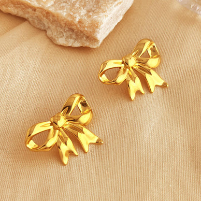 Gold Oversized Ribbon Bow Statement Earrings