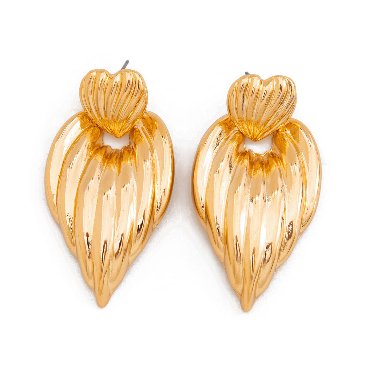 Gold Ribbed Twisted Heart Drop Earrings