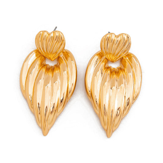 Gold Ribbed Twisted Heart Drop Earrings