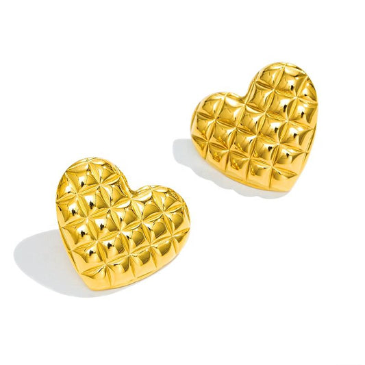 Gold Quilted Heart Stud Earrings