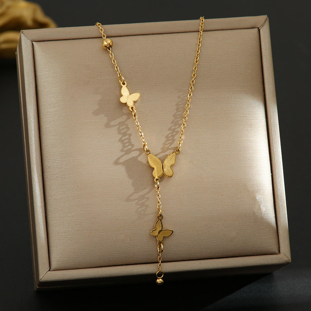 Gold Triple Butterfly Lariat Necklace