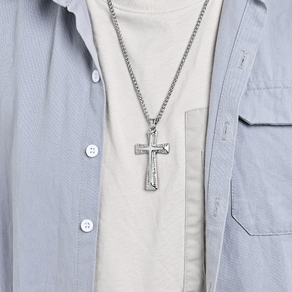 Cross Pendant Necklace – Stainless Steel Rope Chain for Men