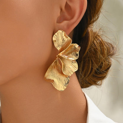 Gold Ribbed Petal Statement Earrings
