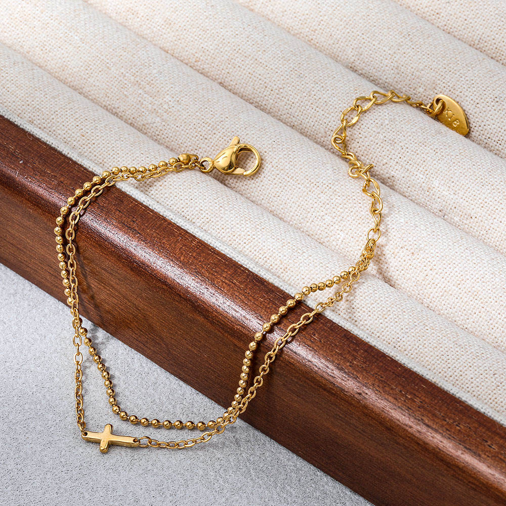 Gold Double Chain Cross Bracelet