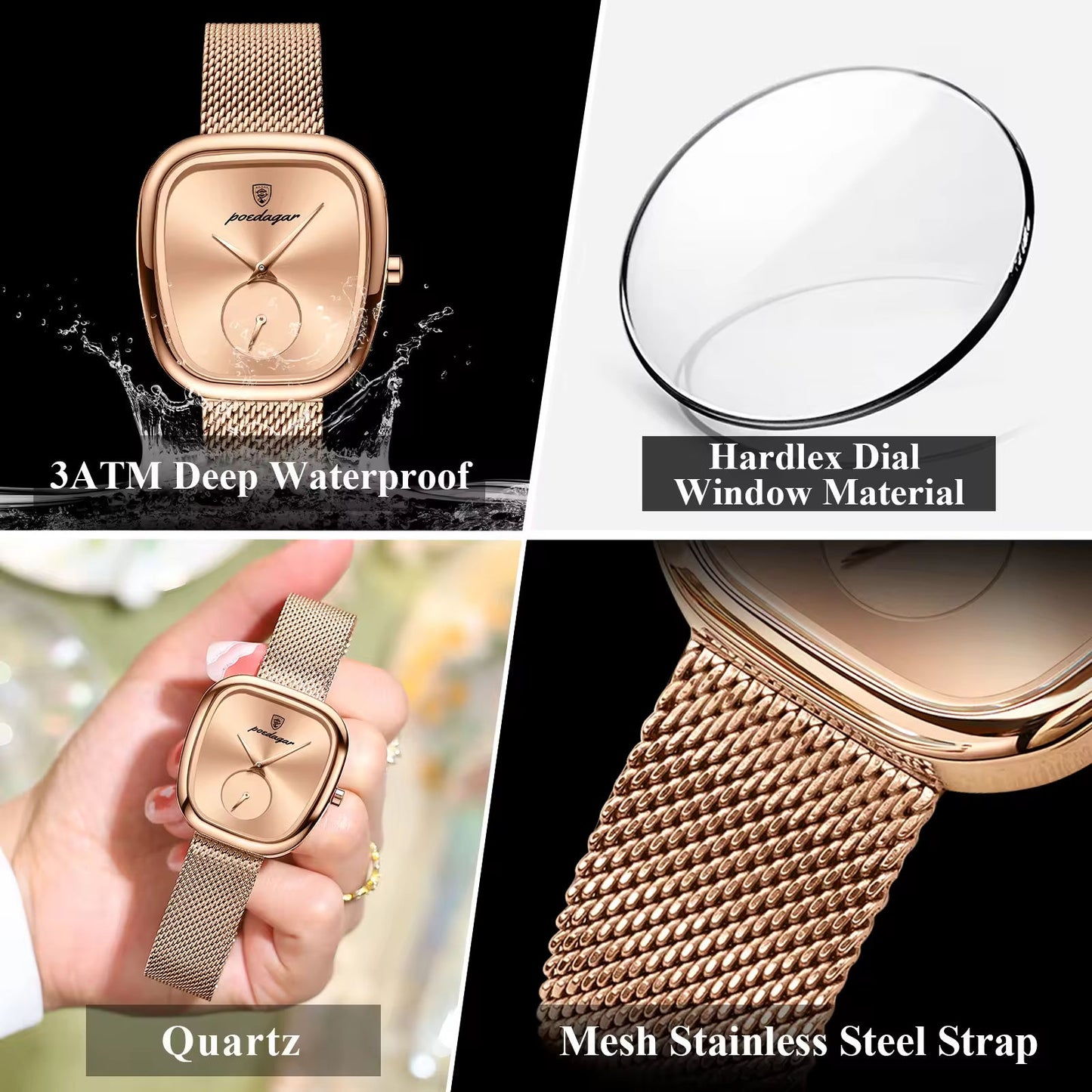 Poedagar Rose Gold Cushion Mesh Watch – Women's Luxury Minimalist Timepiece