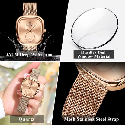 Poedagar Rose Gold Cushion Mesh Watch – Women's Luxury Minimalist Timepiece