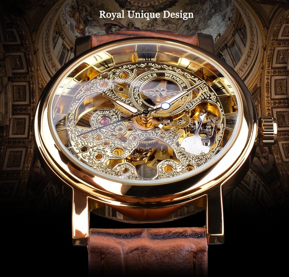 Winner Royal Skeleton Mechanical Watch – Men's Luxury Gold Timepiece