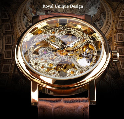 Winner Royal Skeleton Mechanical Watch – Men's Luxury Gold Timepiece