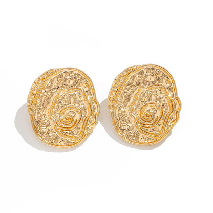 Gold Textured Rose Disc Statement Earrings