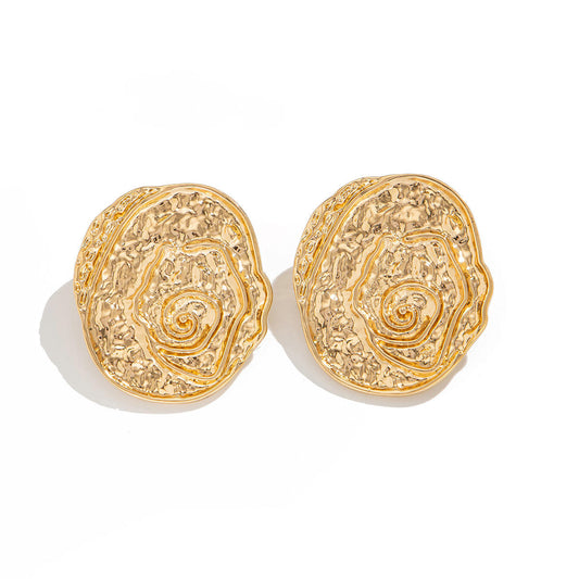 Gold Textured Rose Disc Statement Earrings