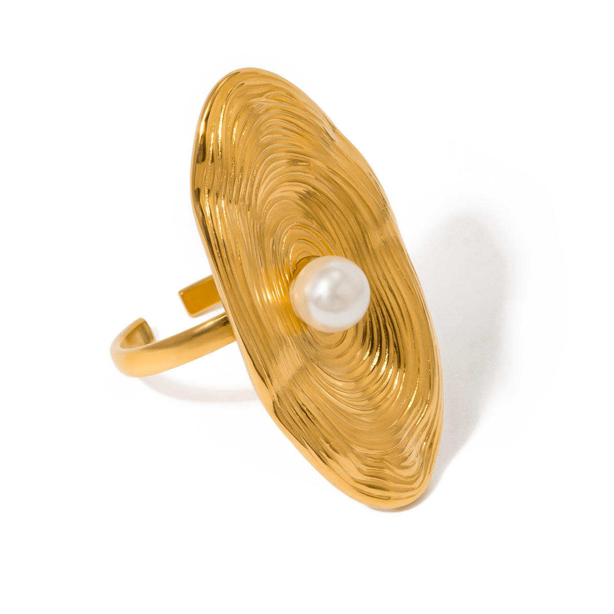 Gold Textured Disc Pearl Center Ring