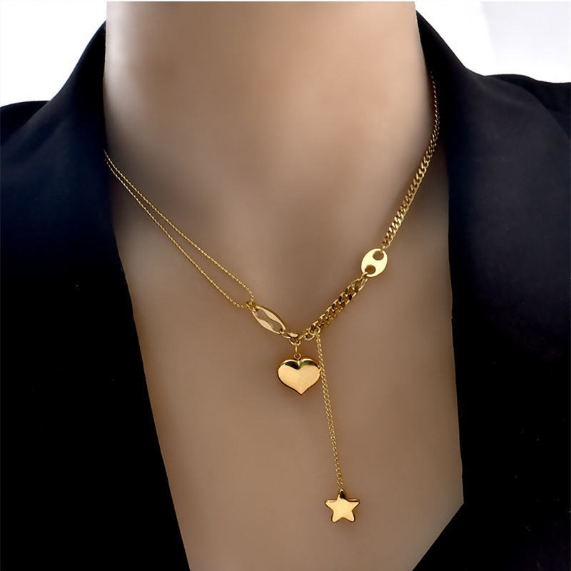 Double Layer Heart & Star Necklace – Women's Dainty Gold Jewellery