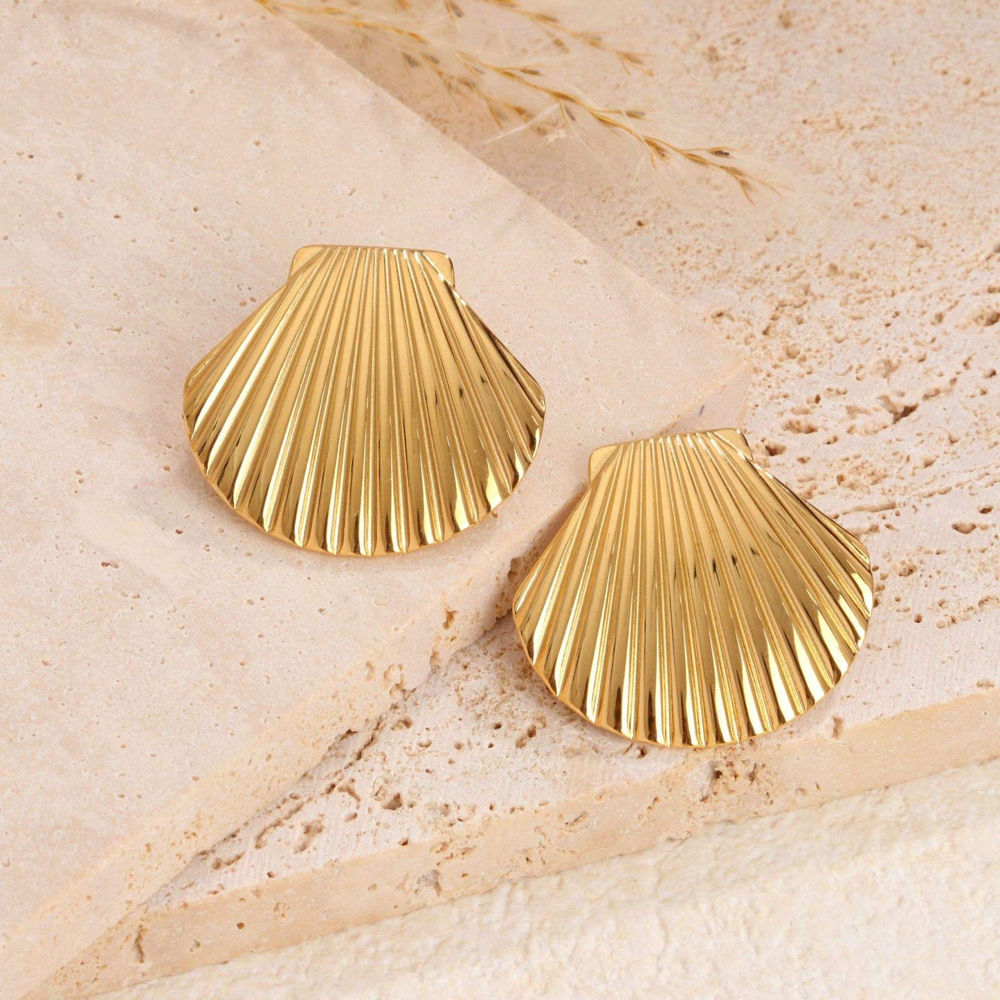 Gold Ribbed Scallop Shell Statement Earrings
