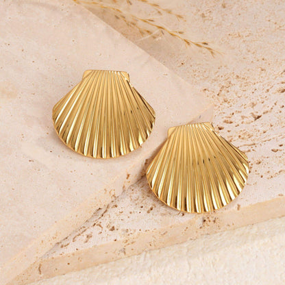 Gold Ribbed Scallop Shell Statement Earrings