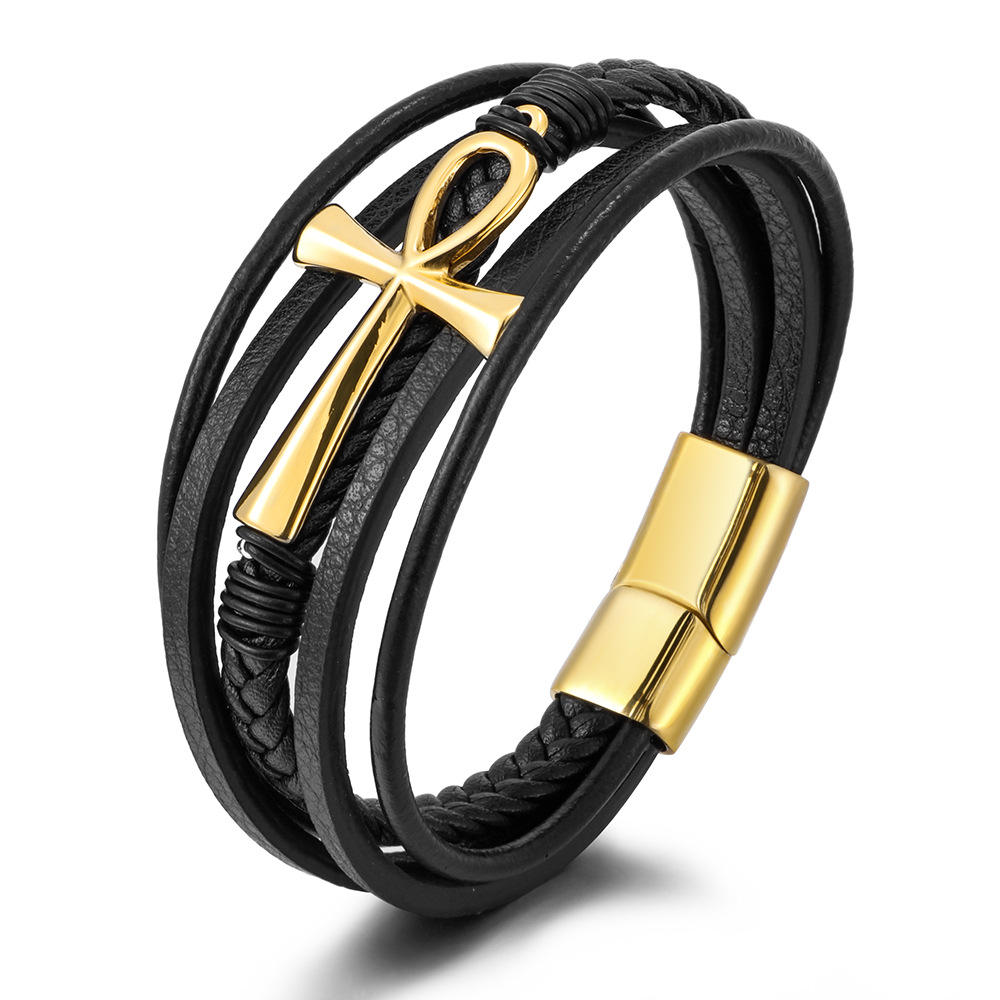 Egyptian Ankh Cross Multi-Layer Leather Bracelet – Silver, Gold & Black