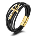 Egyptian Ankh Cross Multi-Layer Leather Bracelet – Silver, Gold & Black