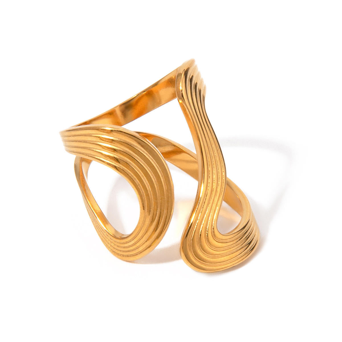 Gold Ridged Wave Loop Statement Ring