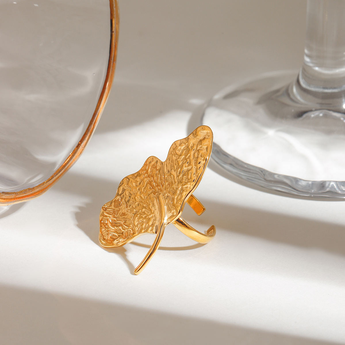 Gold Hammered Ginkgo Leaf Statement Ring