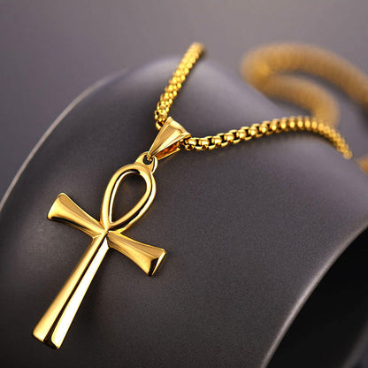 Egyptian Ankh Cross Necklace – Silver, Gold & Black with Box Chain