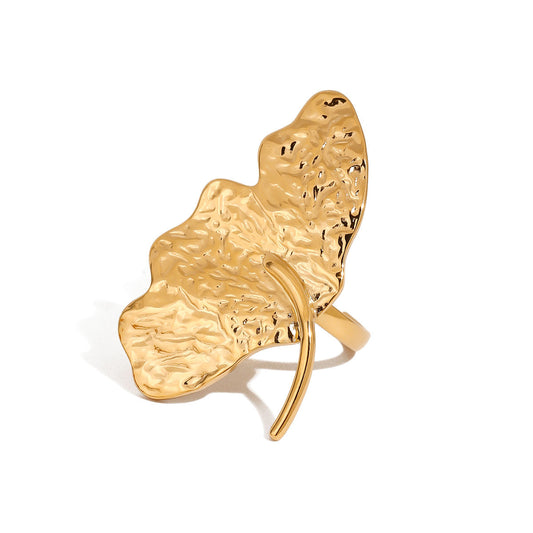 Gold Hammered Ginkgo Leaf Statement Ring